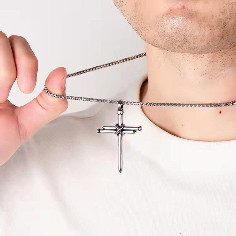 MUERDOU Cross Necklace for Men Cross Pendant STRENGTH Bible Verse Stainless Steel Necklace Silver Nail - Image 4